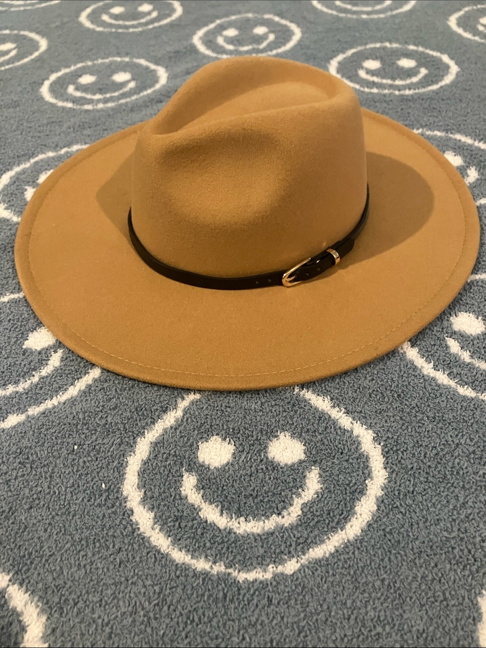 Wide Brim Tan Felt Fedora with Slim Black Leather Band